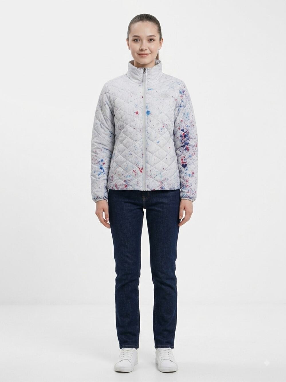 The North Face Puffer Jacket Womens XL Multicolor Paint Splatter Diamond Quilted